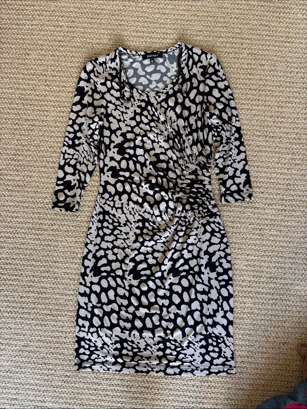 Ellen Tracy Black and Cream Animal-Print Ruched Midi Dress